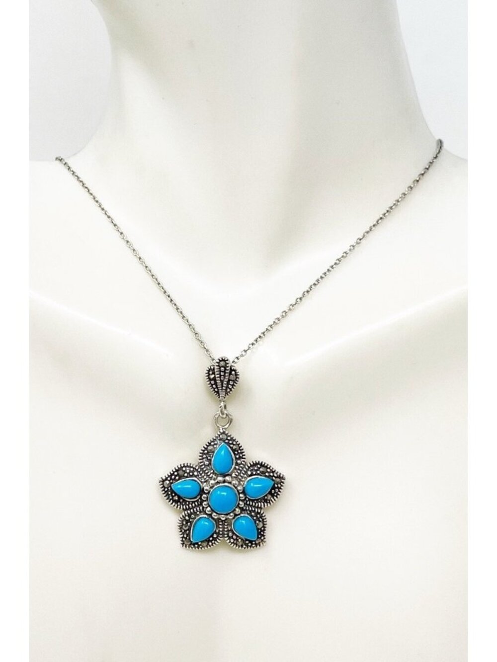 925 Sterling Silver Turquoise Flower Small Dainty Pendant Necklace Vintage Boho